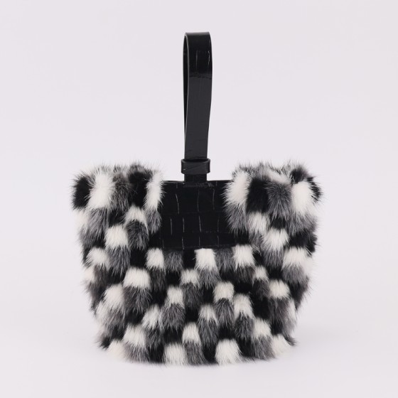 Mini Mink Fur Handbag with Genuine Lamb Leather Handle