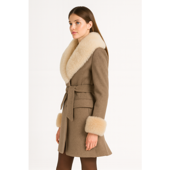 Wool Trench Coat with Fur Collar Trim