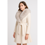 Elegant Wool Trench Coat with Plush Fox Fur Collar Trim