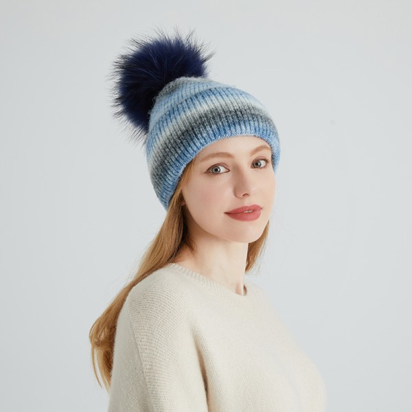 Wool Blend Angora Knit Beanie with Real Raccoon Fur Pom-Pom