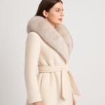 Elegant Wool Trench Coat with Plush Fox Fur Collar Trim