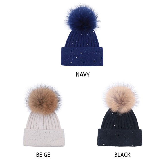 Angora Knit Beanie with Crystal Embellishments & Real Raccoon Fur Pom