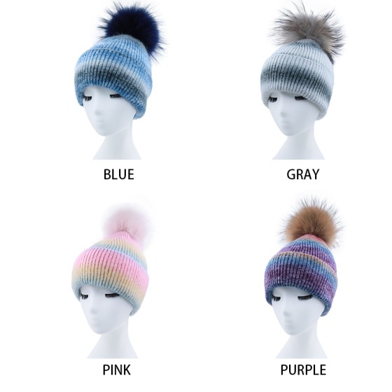 Wool Blend Angora Knit Beanie with Real Raccoon Fur Pom-Pom