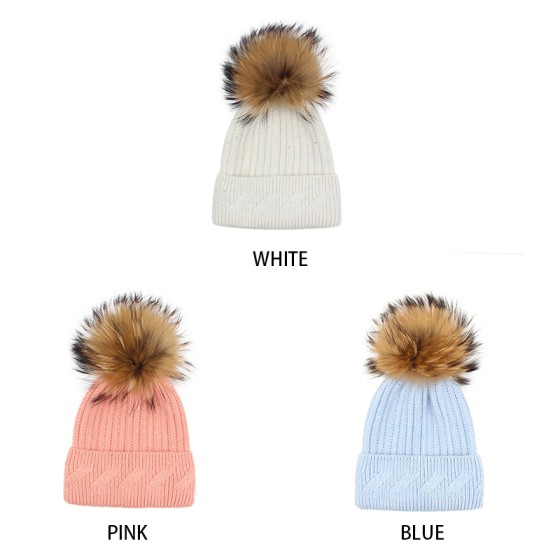 Angora Knit Beanie with Detachable Genuine Raccoon Fur Pom
