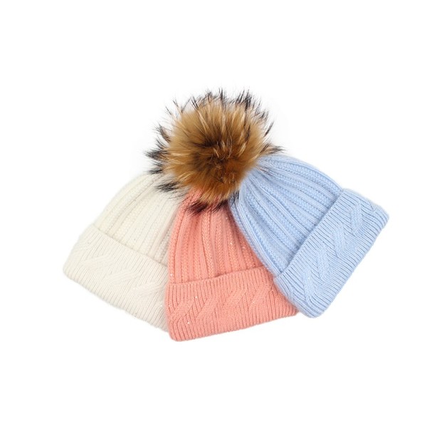 Angora Knit Beanie with Detachable Genuine Raccoon Fur Pom