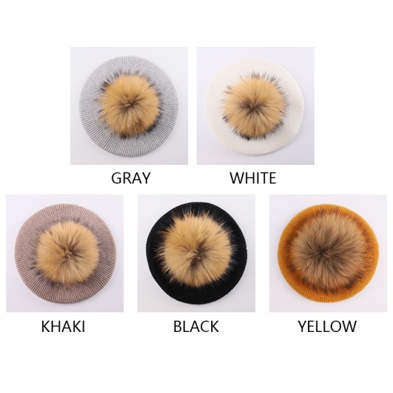 Genuine Raccoon Fur Pom Beaded Angora Beret