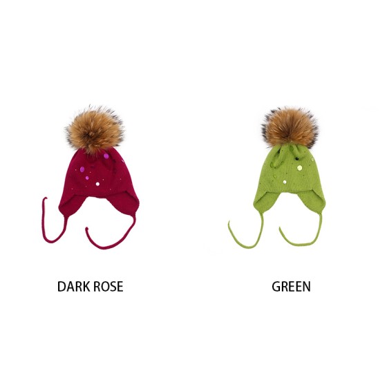 Knit Kids Earflap Hat with Genuine Raccoon Fur Pom