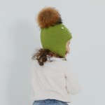 Knit Kids Earflap Hat with Genuine Raccoon Fur Pom
