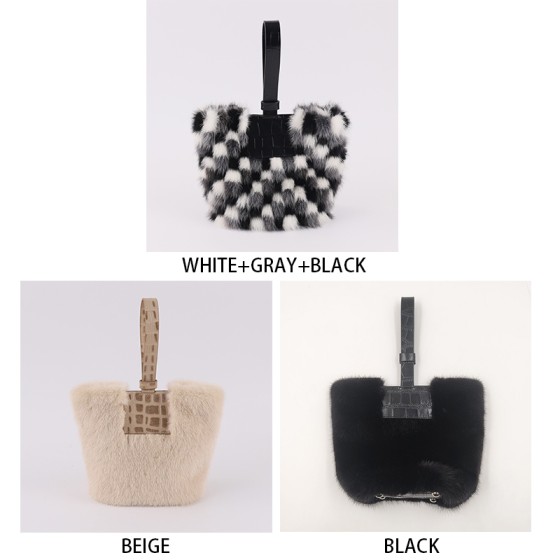 Mini Mink Fur Handbag with Genuine Lamb Leather Handle