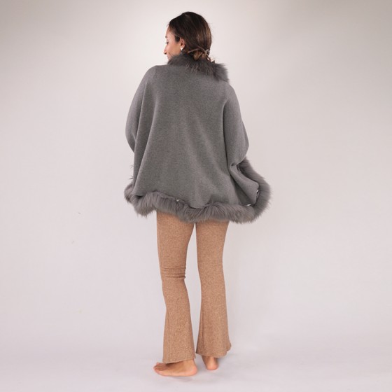 Charcoal Wool Cloak with Raccoon Fur Trim